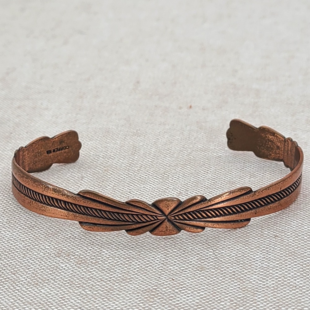 Vintage Wheeler Mfg. Co. Copper Hand Stamped Southwestern Cuff Bracelet